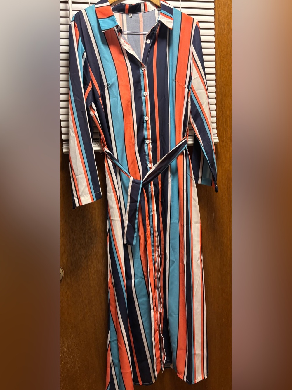 Striped Button-Front Maxi Shirt Dress/duster in TealCoral & Navy,best fits large